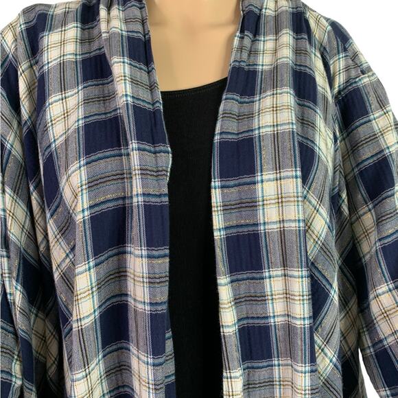 Krazy Kat Women’s 2X Blouse Blue White Plaid Open Front Fringed Trim 3/4 sleeves - Picture 10 of 15